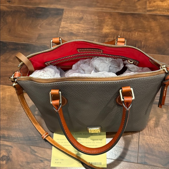 NWOT never use it -Dooney & Bourke Taupe Pebble Leather Satchel with Brown Trim - Picture 4 of 4